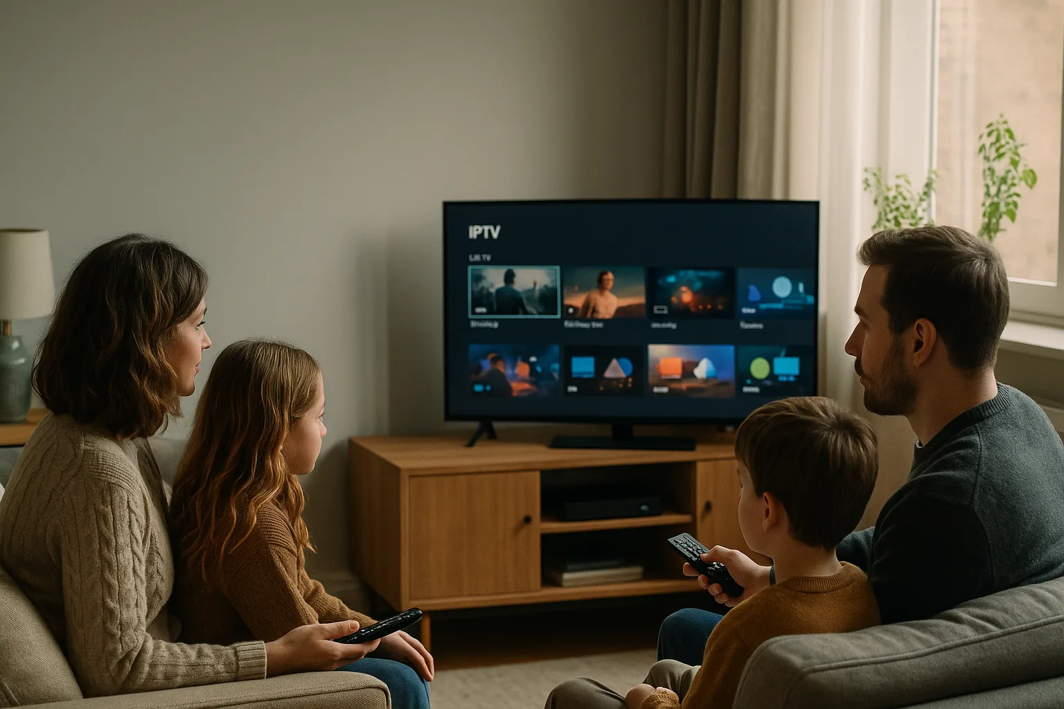 Family watching IPTV on a smart TV in a cosy living room.