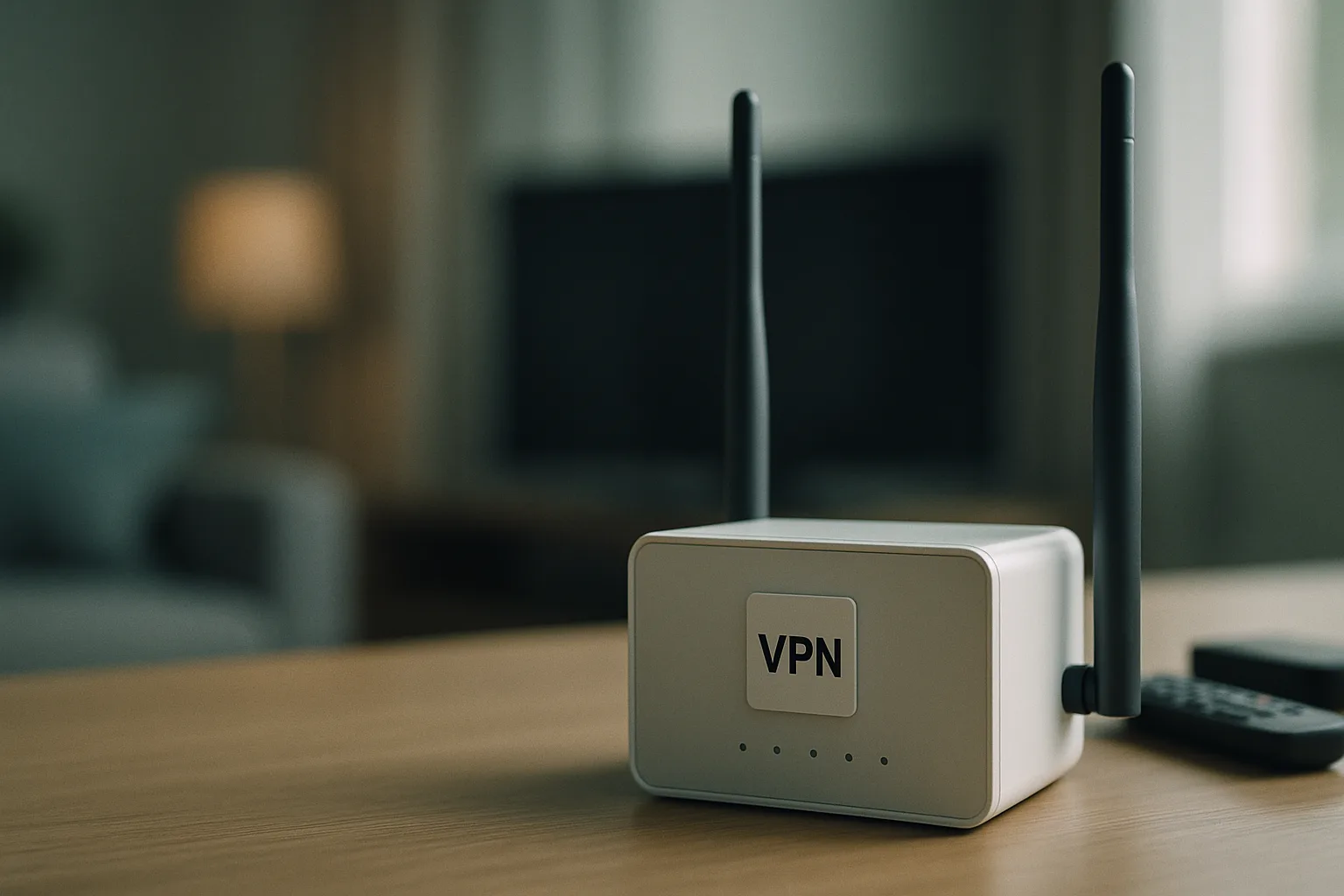 Router with VPN label on a home desk setup