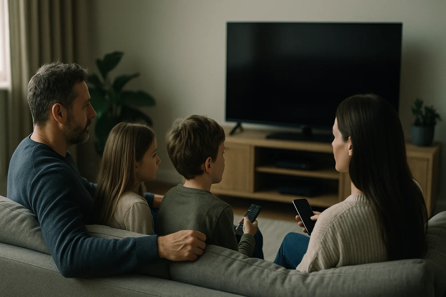 Family watching TV in a modern UK living room