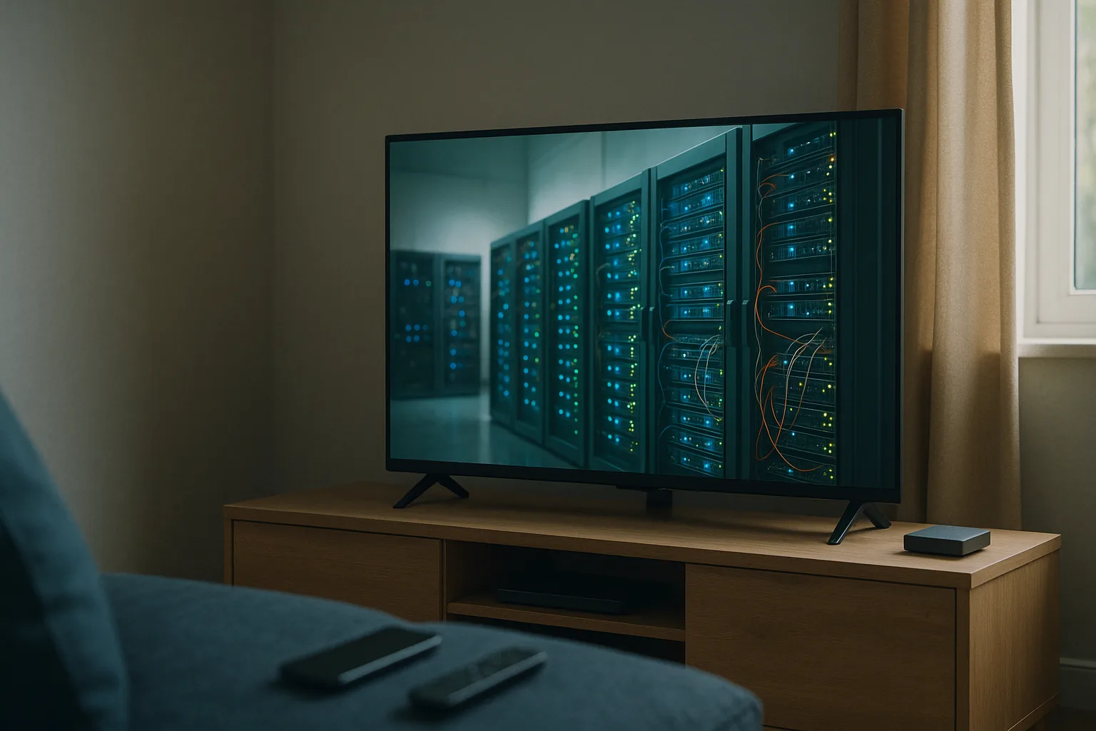 Server room with numerous servers connected via cables for IPTV.