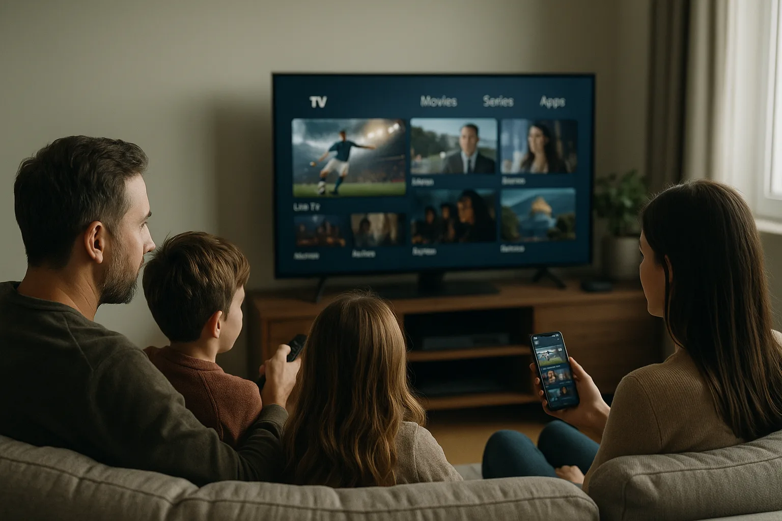 Family enjoying IPTV service on a large TV in their living room.
