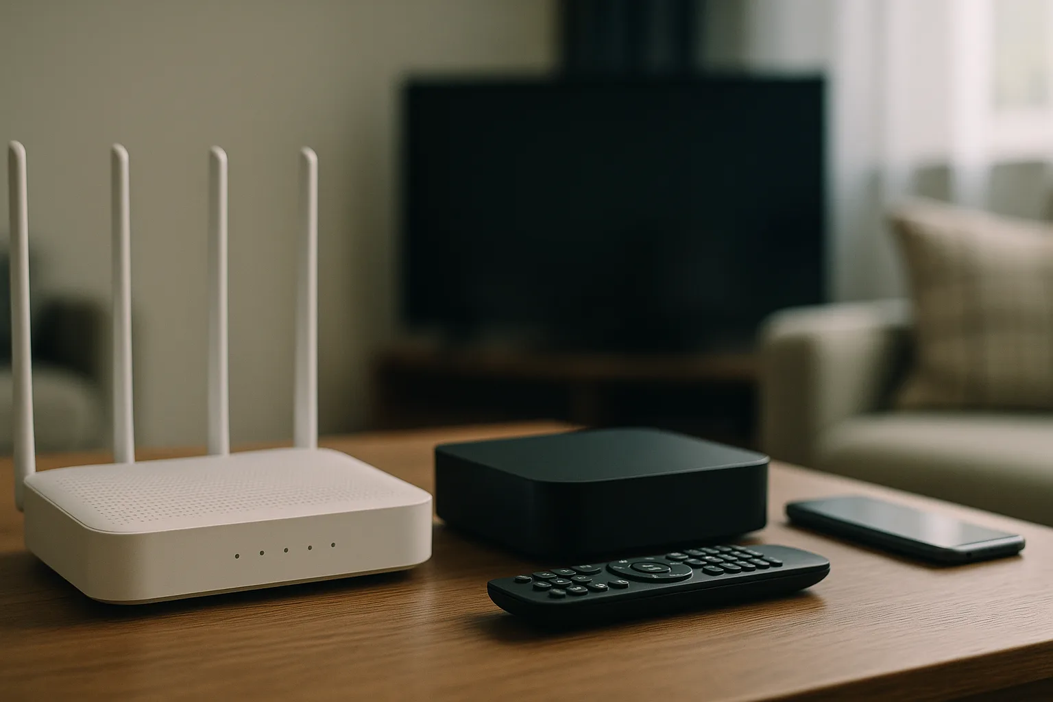IPTV setup with a router and set-top box in a home environment.
