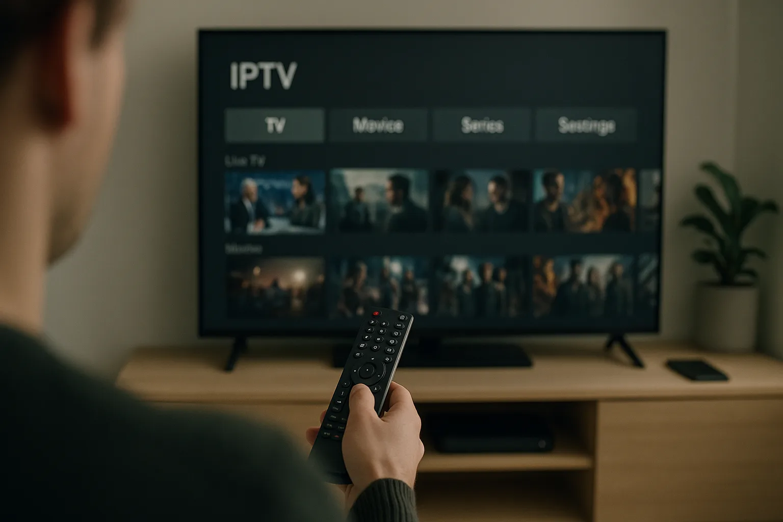 Person navigating IPTV menu on a TV screen with a remote control.