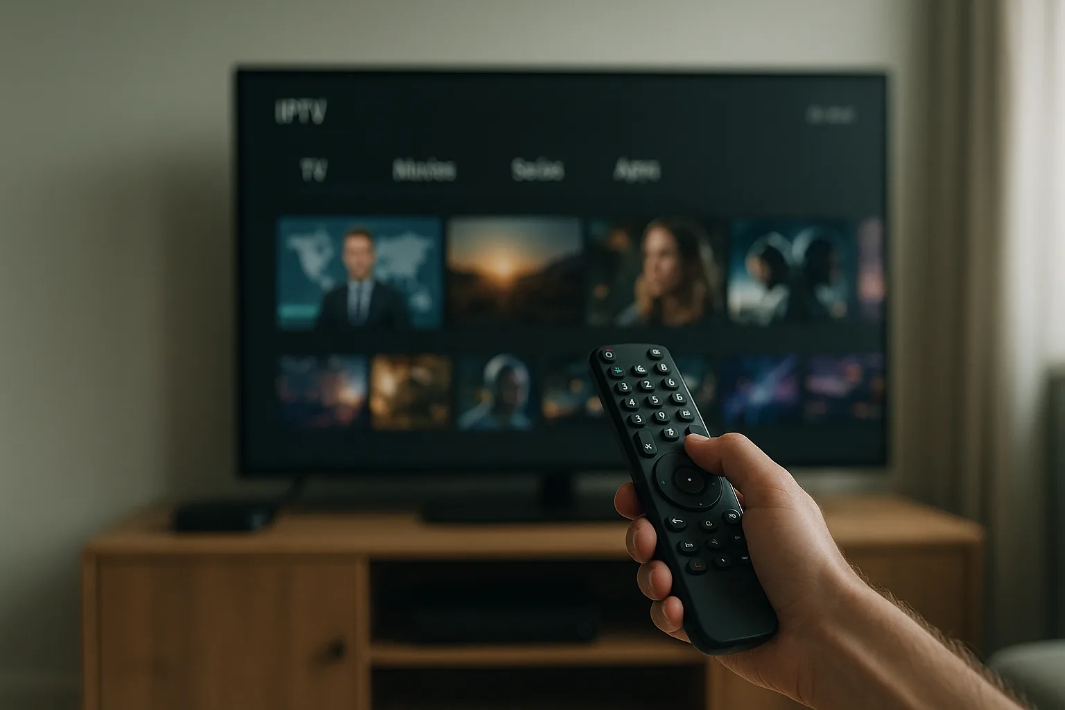 Hand with remote control pointed at a smart TV showing IPTV
