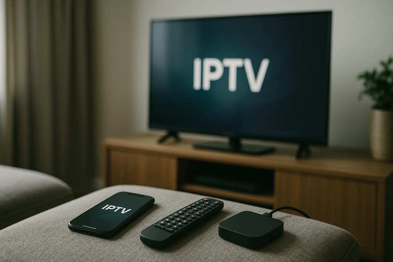 Modern UK living room with multiple devices connected to IPTV