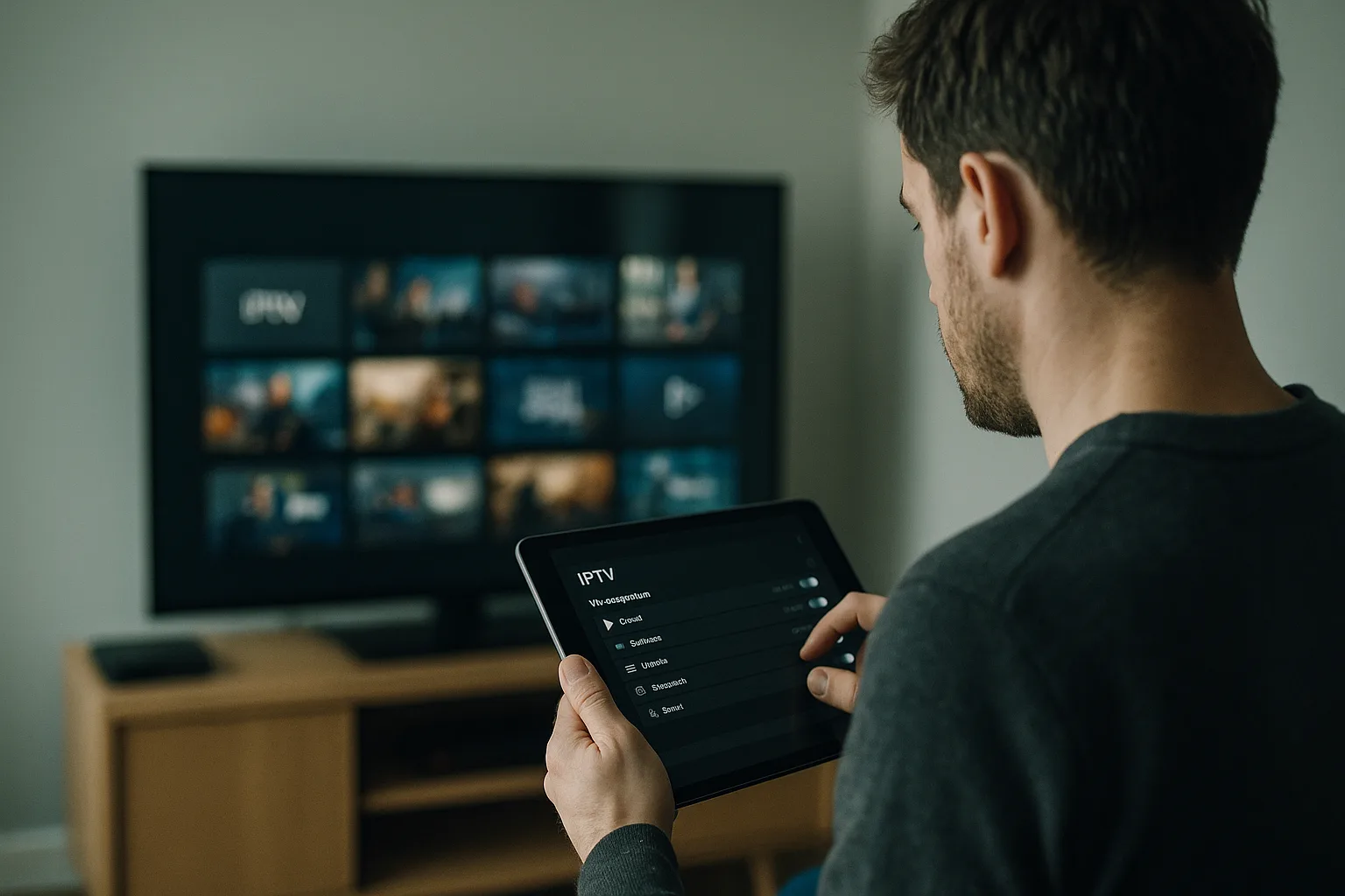 Person managing IPTV connections on a tablet and smart TV