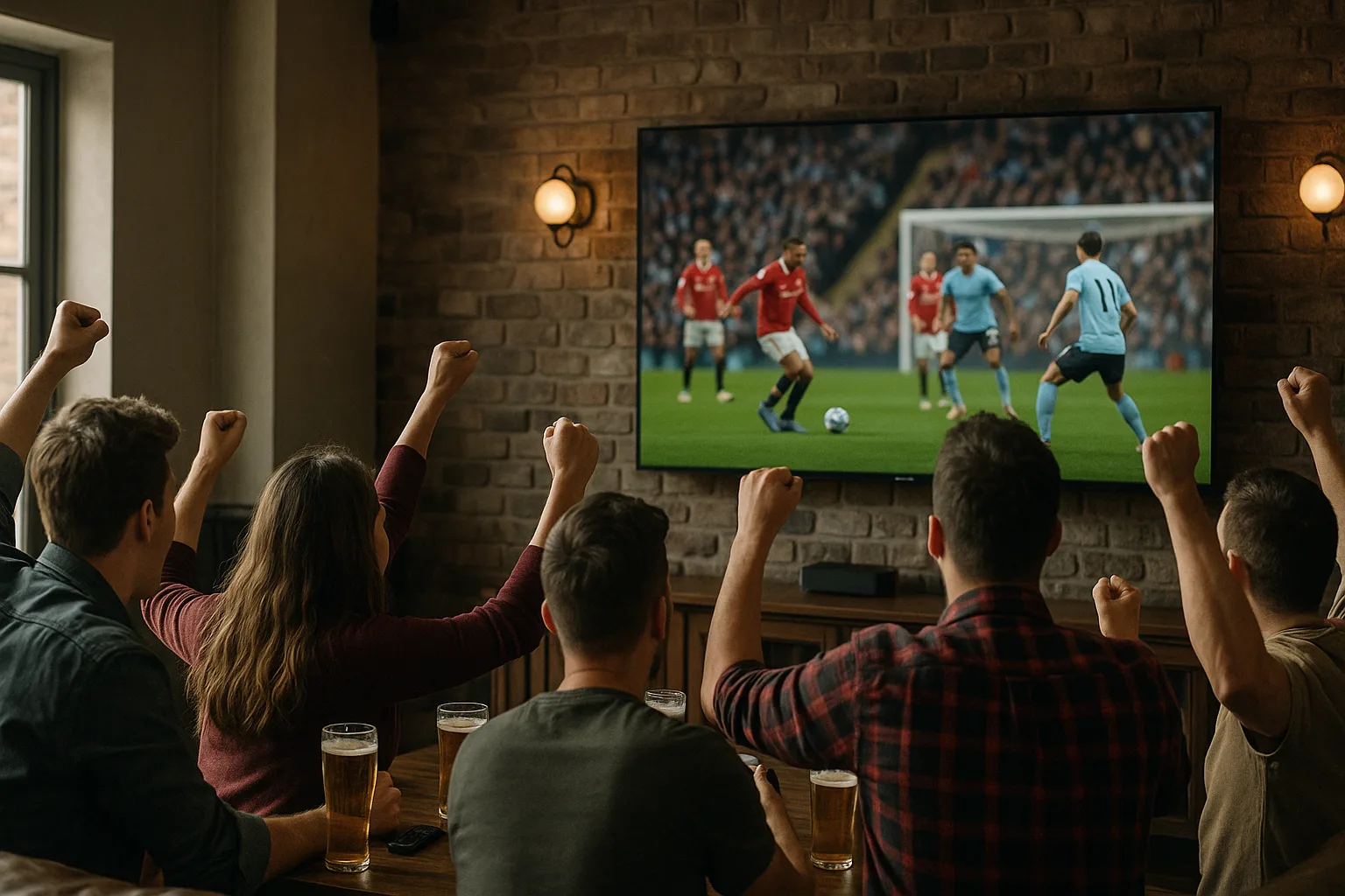 Fans in a pub watching and cheering for a Premier League match on TV.