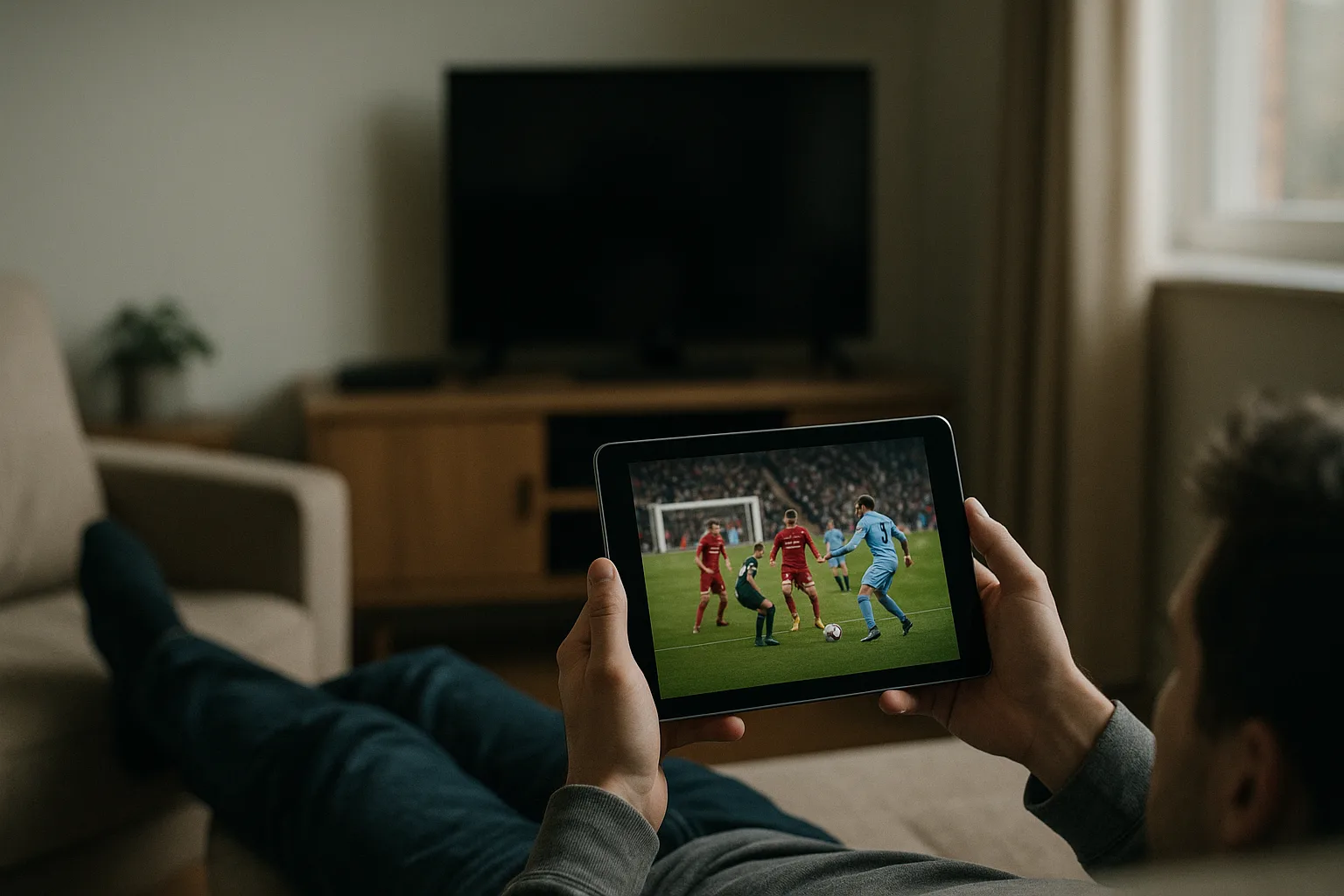 Streaming a Premier League match live on a tablet from a sofa.