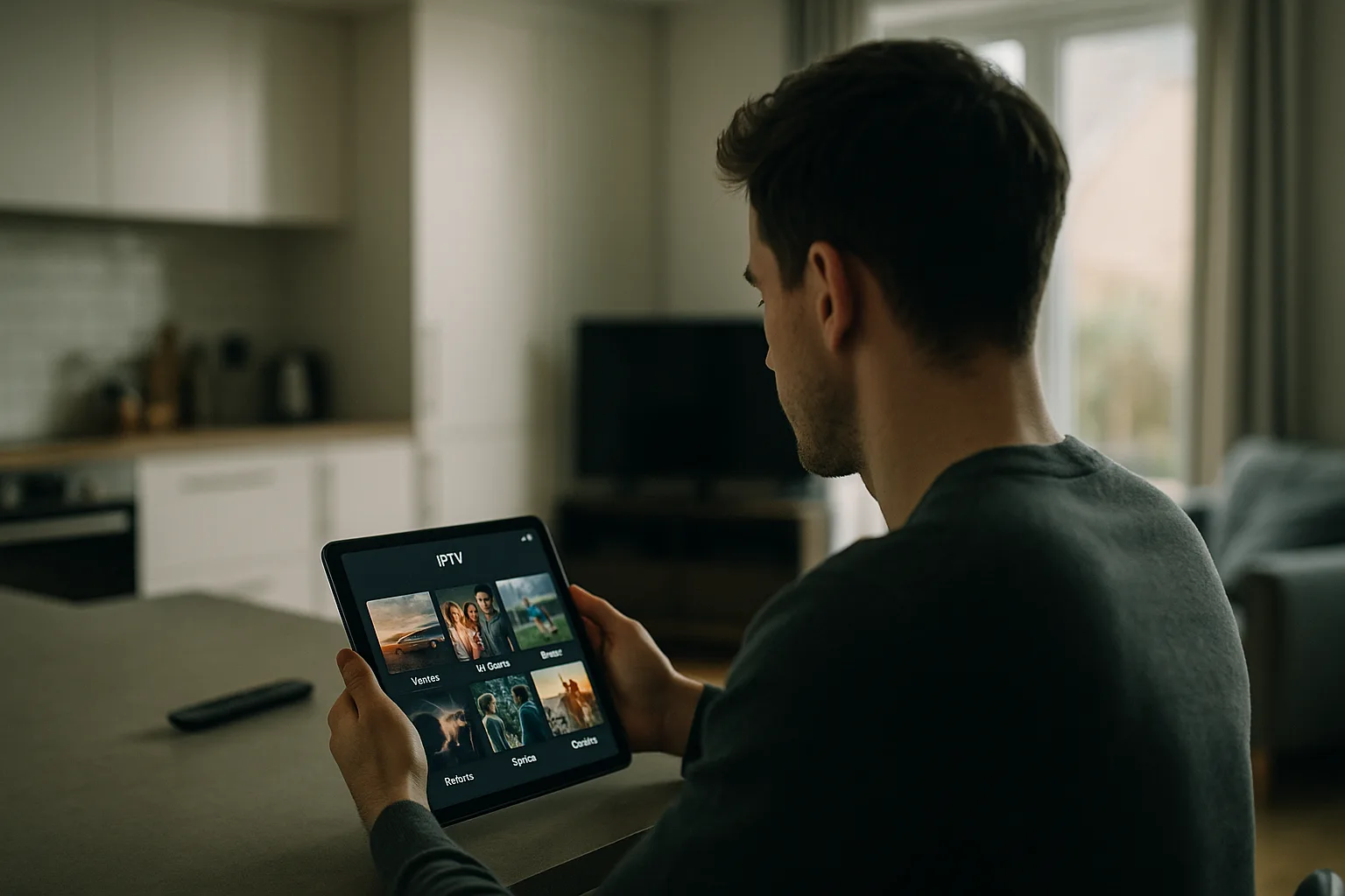 Streaming IPTV on a tablet in a UK kitchen