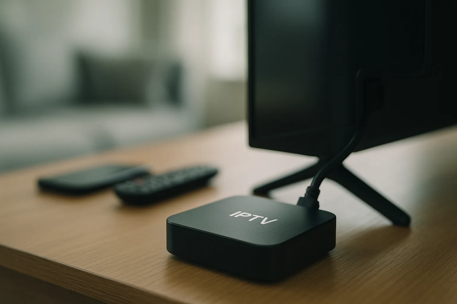 Modern IPTV set-top box connected to a large television.