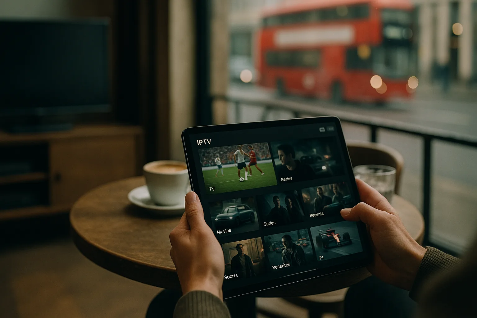 Person streaming IPTV content on a tablet in a London café.