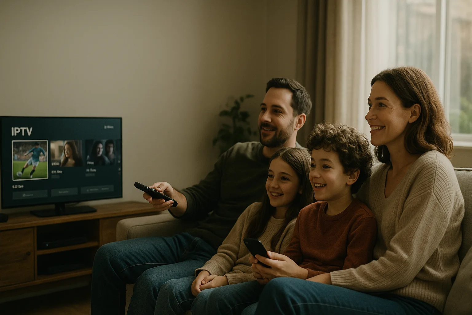 Family enjoying IPTV content on the sofa