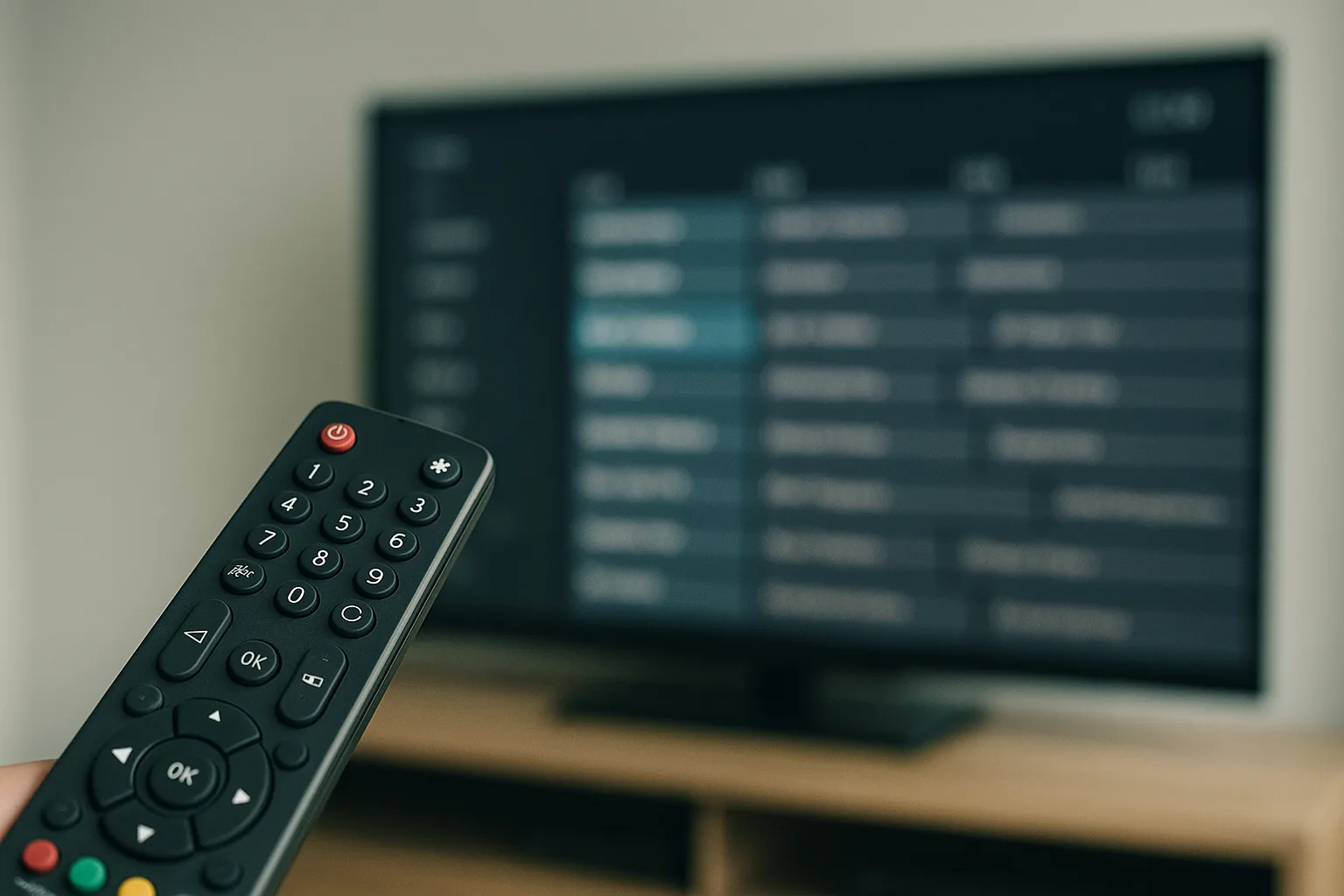 Remote control aimed at TV displaying an IPTV EPG grid.