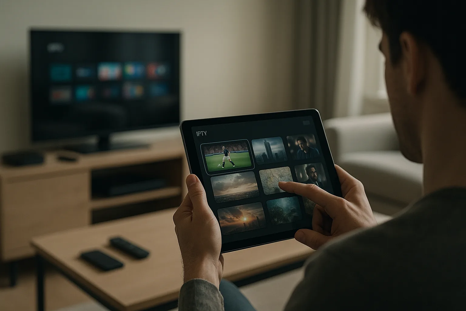 Person using a tablet to navigate IPTV channels.