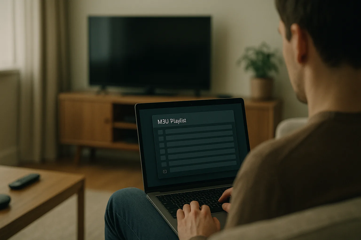 Person setting up M3U playlist on laptop in living room