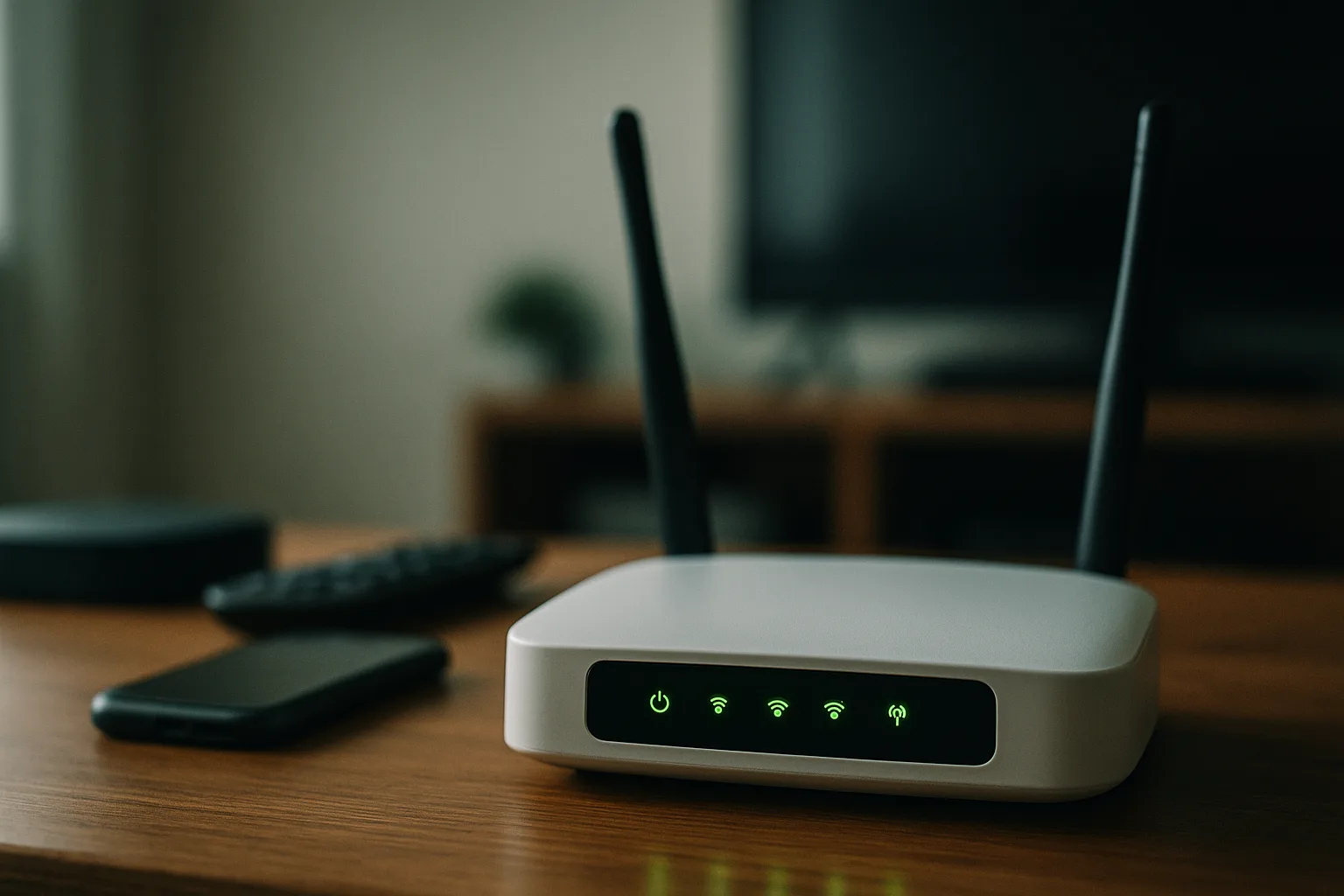 Close-up of a router with blinking lights.