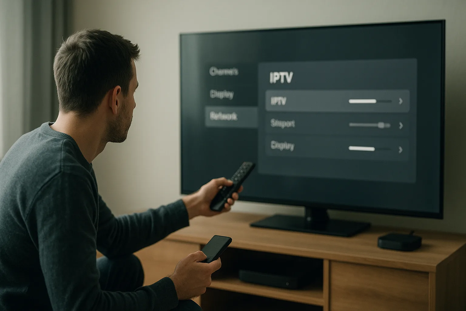 Person adjusting IPTV settings on a smart TV.
