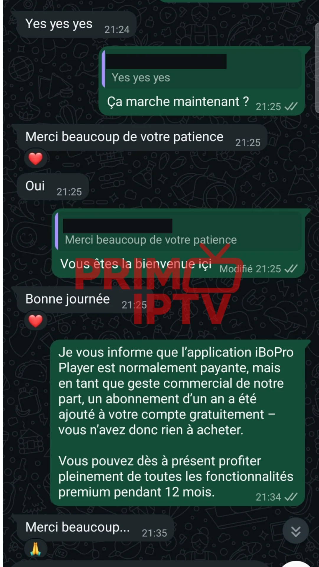WhatsApp message from a verified PrimoTV customer sharing their experience (review 1 of 7)