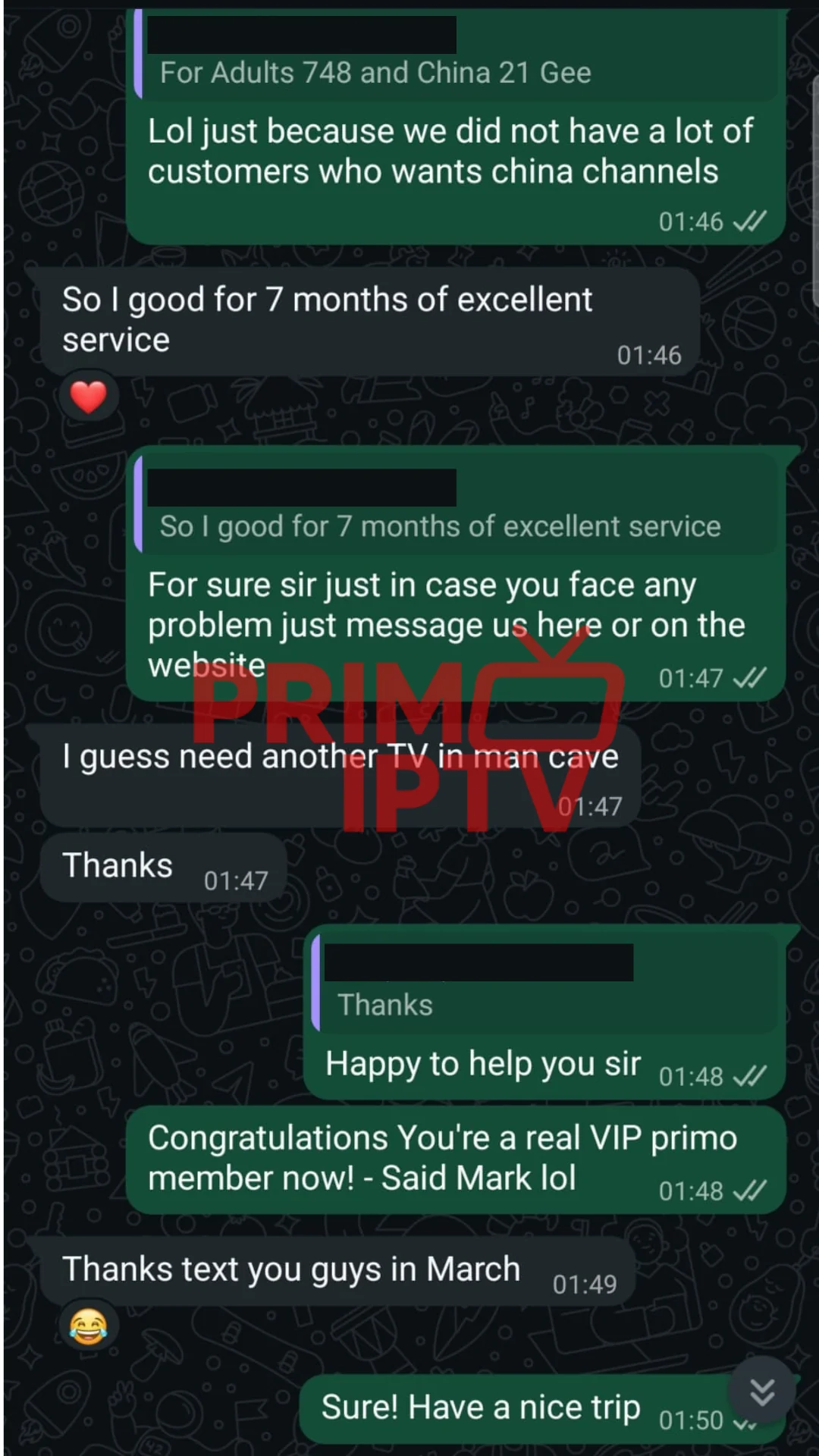 WhatsApp message from a verified PrimoTV customer sharing their experience (review 3 of 7)