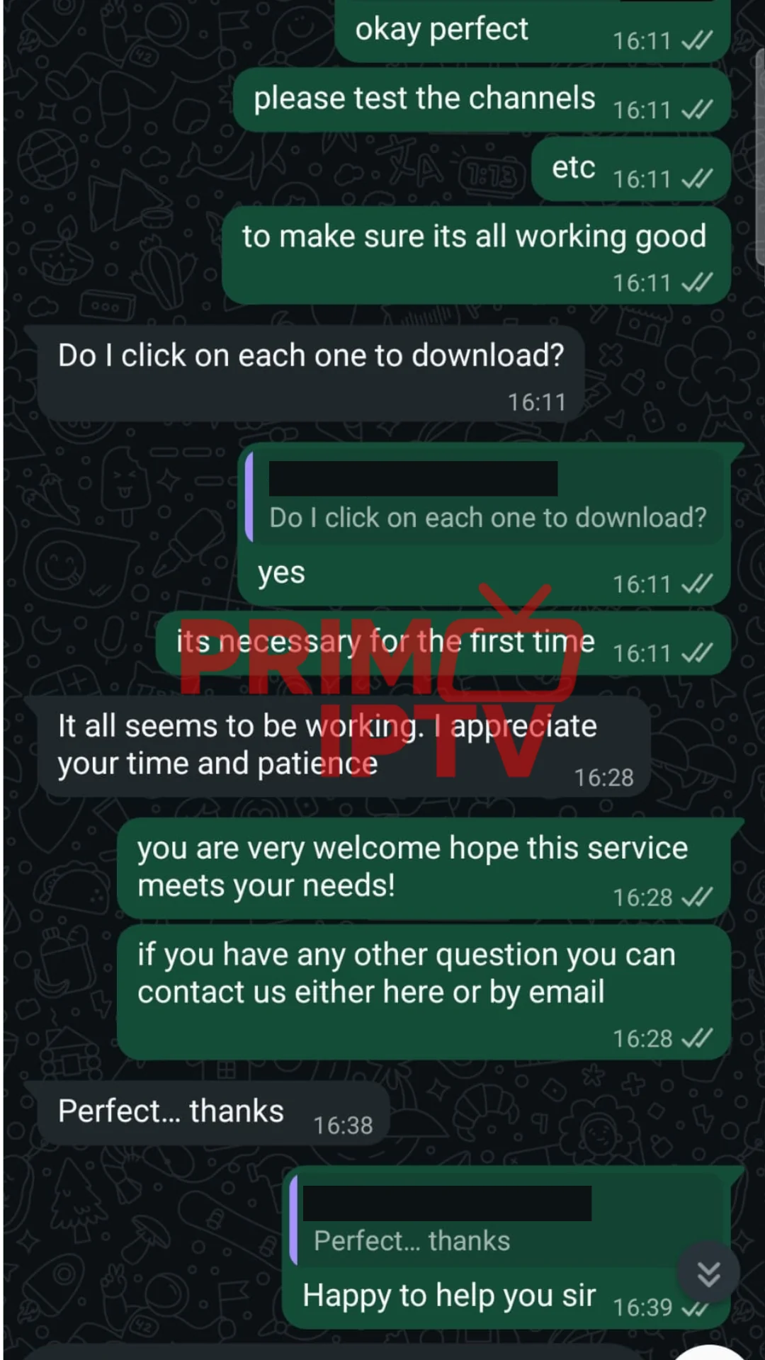 WhatsApp message from a verified PrimoTV customer sharing their experience (review 4 of 7)