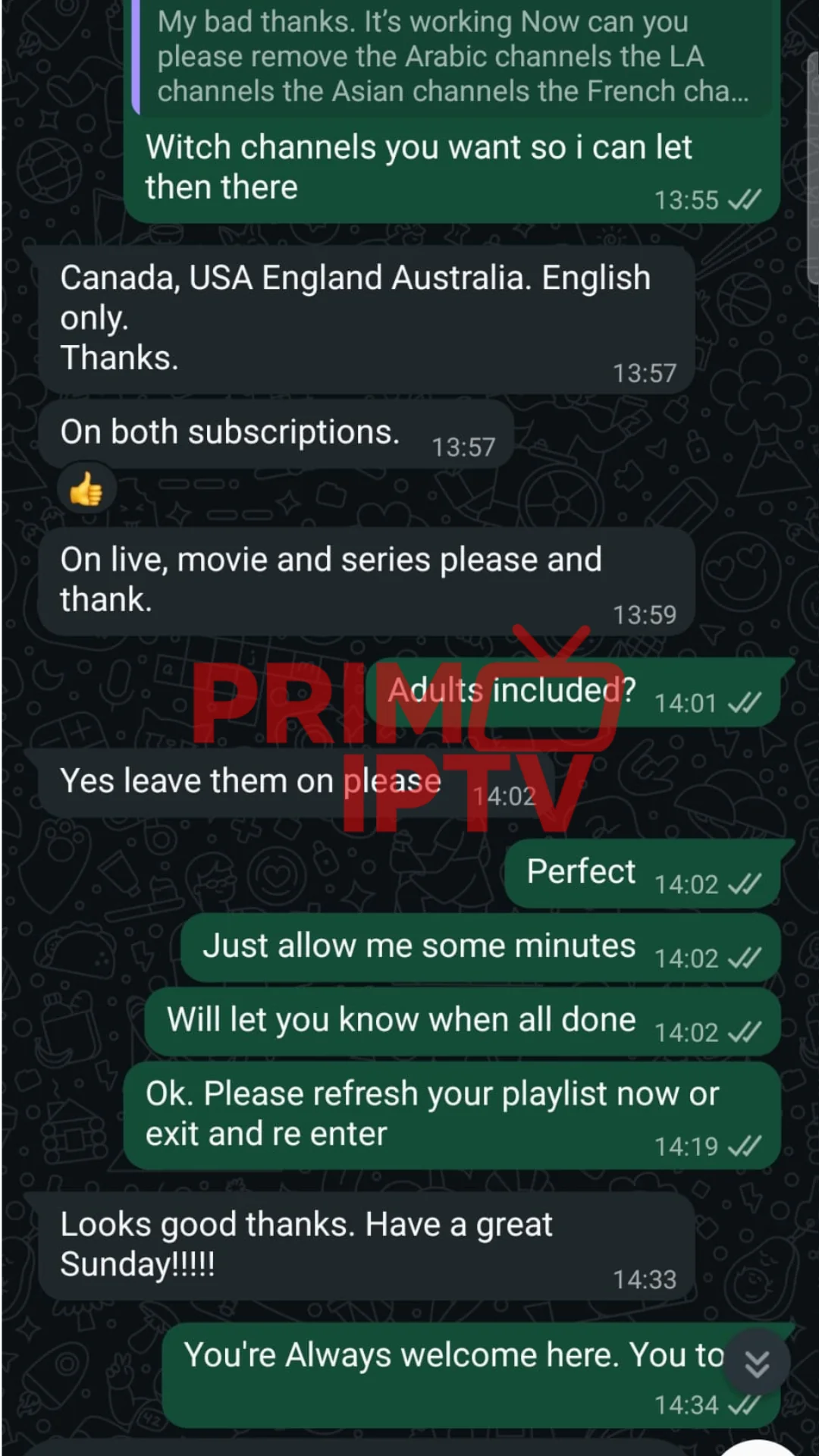 WhatsApp message from a verified PrimoTV customer sharing their experience (review 5 of 7)