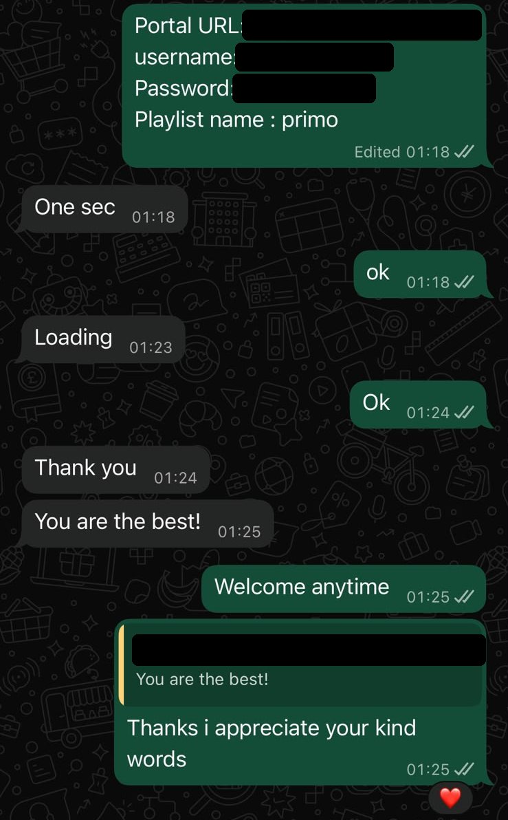 WhatsApp chat at 01:18: Primo UK support sends a member their playlist details, the member confirms it is loading and replies 'Thank you' and 'You are the best!'. The login details are blacked out.