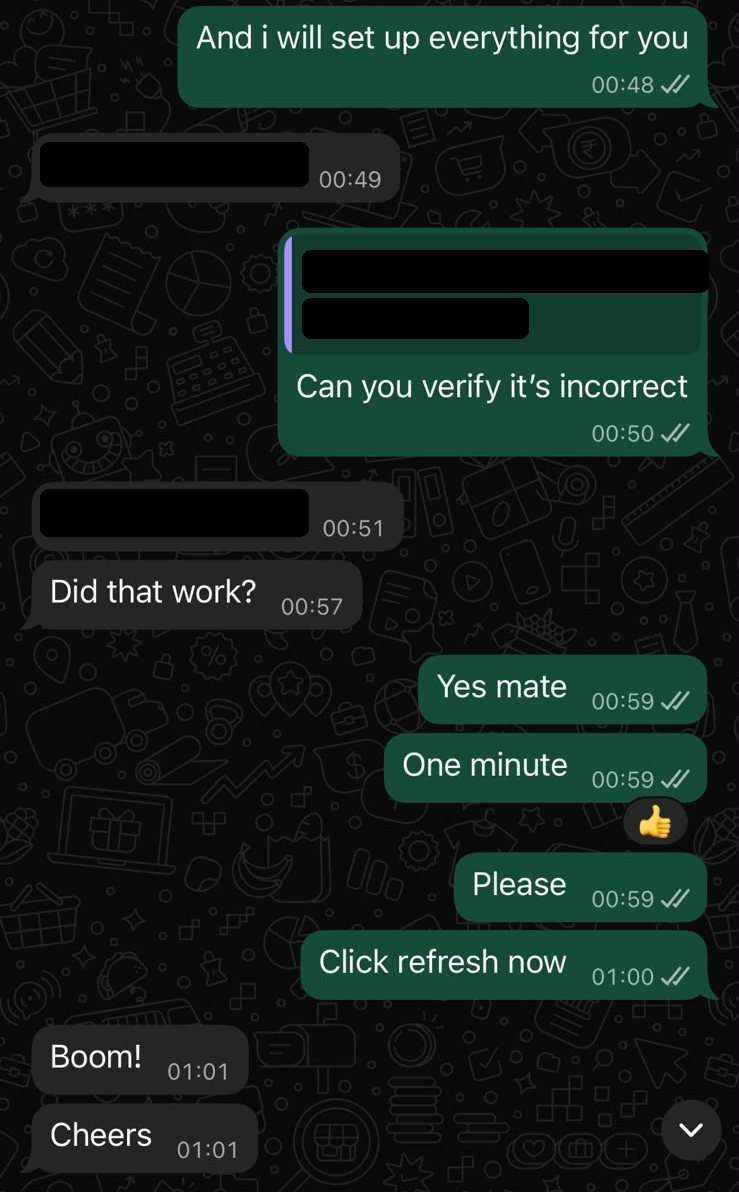 WhatsApp chat at 00:48: Primo UK support offers to set everything up, corrects the member's device ID and asks them to refresh; the member replies 'Boom!' and 'Cheers' at 01:01. Personal details are blacked out.