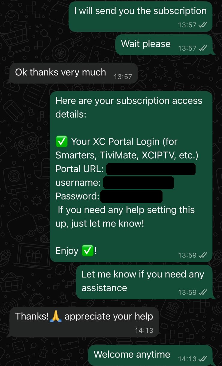 WhatsApp chat at 13:57: Primo UK support sends a member their subscription access details and offers to help set it up; the member replies 'Thanks, appreciate your help'. The login details are blacked out.