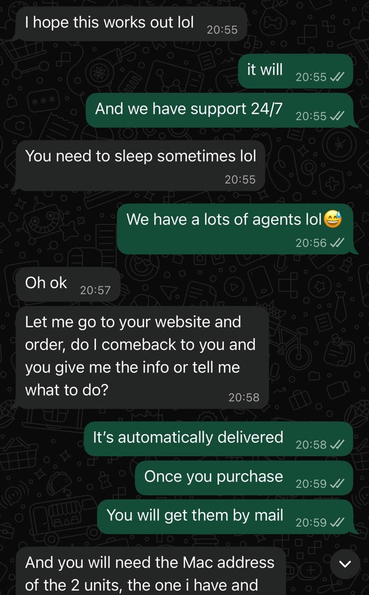 WhatsApp chat at 20:55: a Primo UK member is told support is available 24/7 and jokes 'You need to sleep sometimes lol'; the team replies 'We have a lots of agents lol' and explains the subscription is delivered automatically by email after purchase.